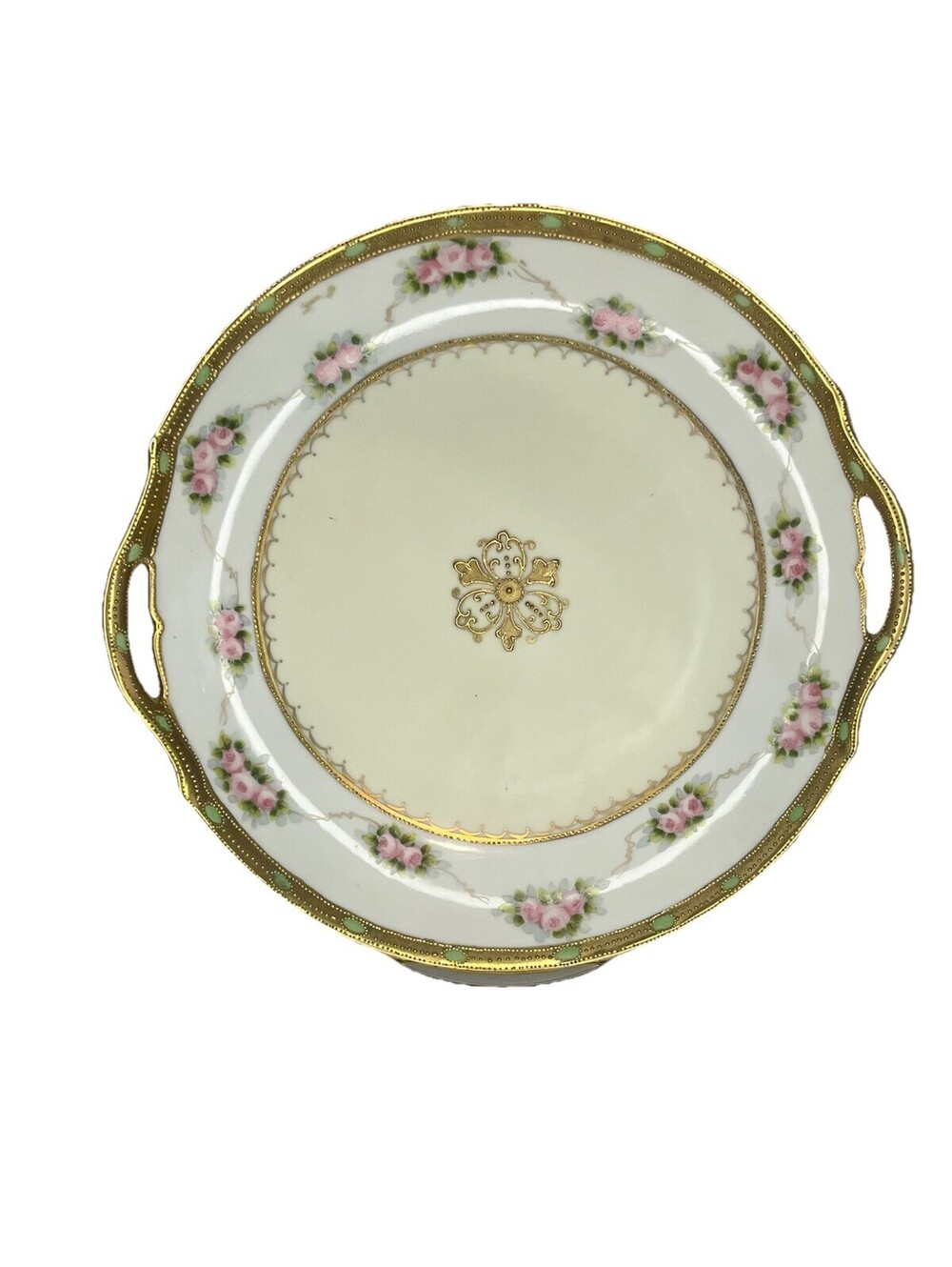 Antique 10.5” Nippon Hand Painted Moriage Floral Gilded Handle Cake Plate